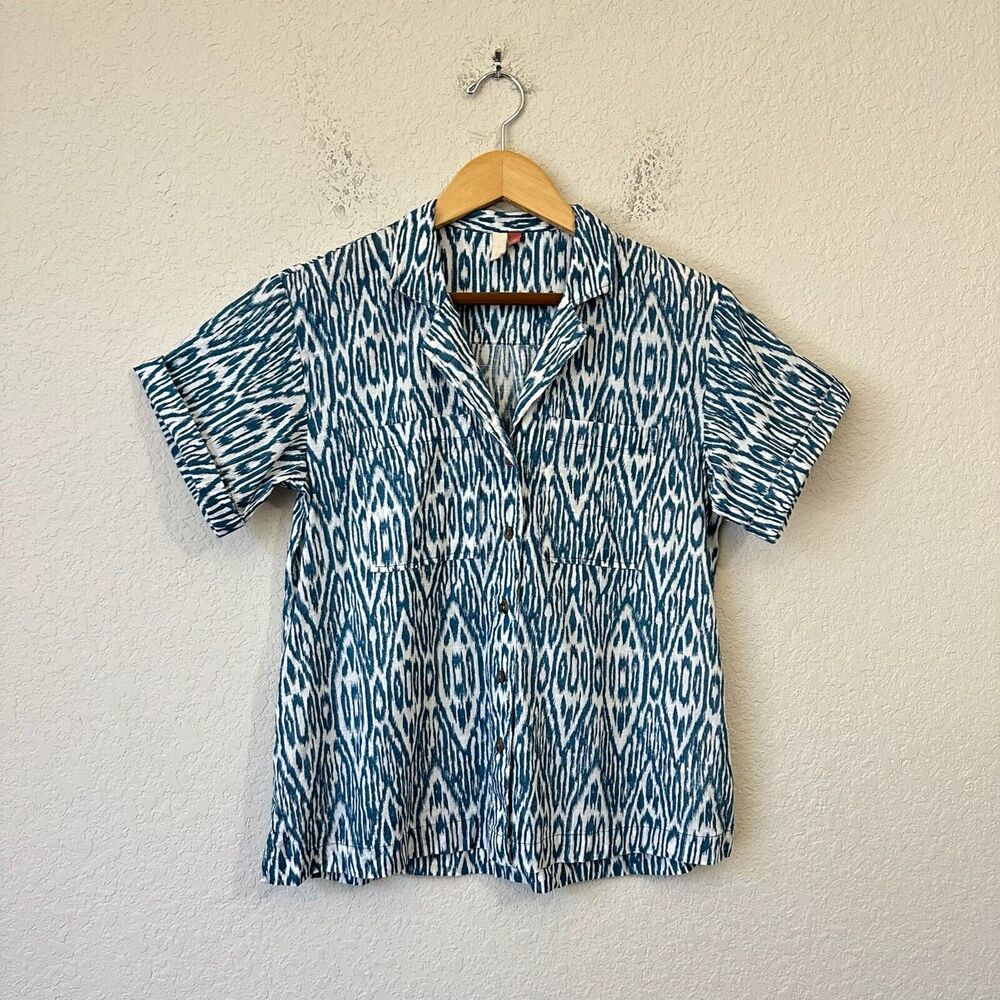 ANTHROPOLOGIE PILCRO Voile Surf Shirt Blue Ikat Short Sleeve Cotton
